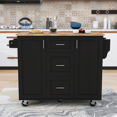 Rolling Kitchen Island with Rubber Wood Top, Kitchen Cart with Drawer and Shelf -  Red Barrel StudioÂ®, 8776E9E7047E46578509CC73DEF4103F