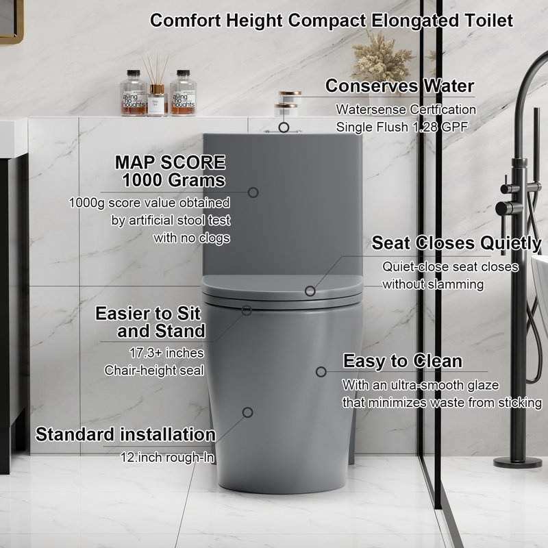 Toilette monobloc en forme d'éventail, double chasse 1,1 / 1,6 GPF avec hauteur confortable et siège à fermeture en douceur