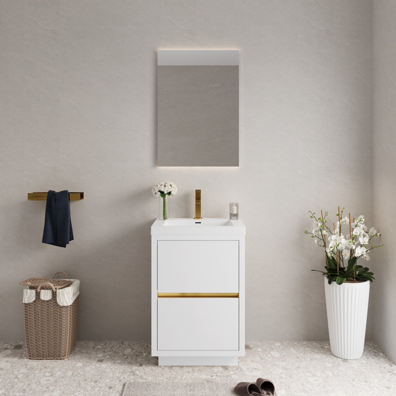 Meuble-lavabo de 24 po avec lavabo, blanc brillant. Facile à installer. Rangement généreux. Comptoir en résine de qualité. Armoire en bois pré-assemblée pour plus de simplicité. Bois