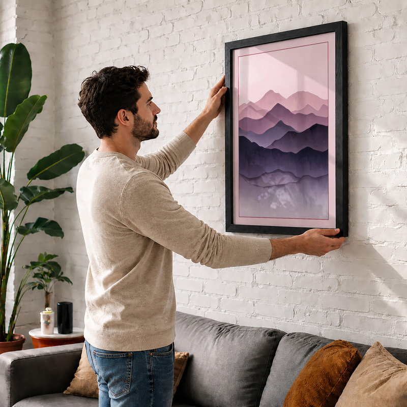 Mountains at Dusk Scandinavian - Framed Print, A2 - 59.4 x 42.0 cm, Black