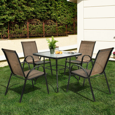 Ensemble repas 5 pièces pour l'extérieur, chaises empilables en polyester enduit de PVC et trou pour parasol