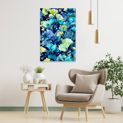 Bleu, jaune, ginkgo, feuilles, abstrait, nature organique moderne, paysage, art mural