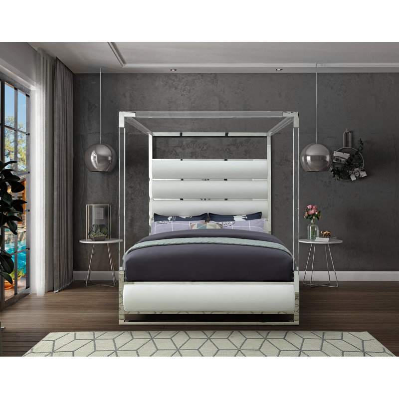 Encore Upholstered Low Profile Canopy Bed, King, White Vegan Leather