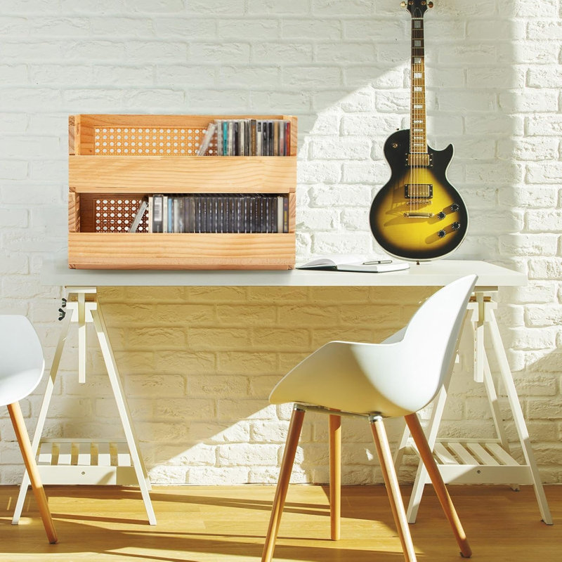 Ensemble de 2 étagères de rangement en bois pour CD avec poignées de transport, porte-cassettes de conception en rotin