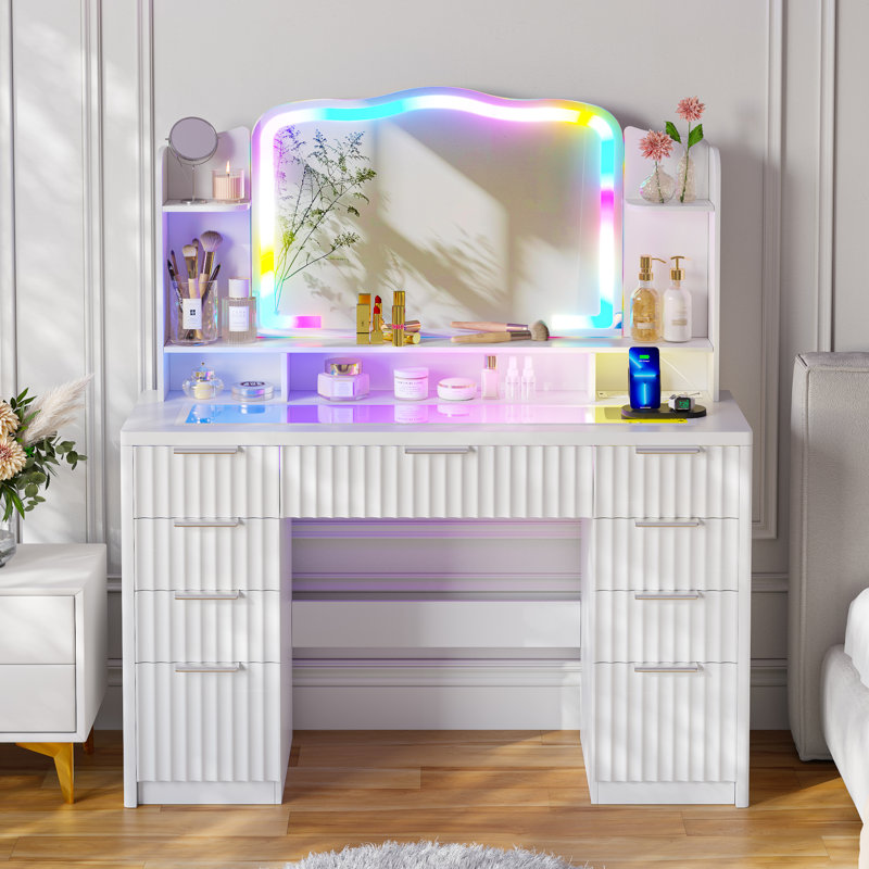 47.2" W Modern Large Vanity Desk With 9 Drawers, Glass Top, RGB Lighted Mirror & Power Outlets, Charging Station, White