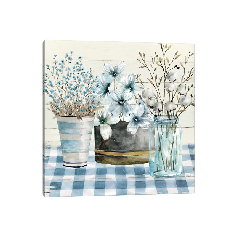 «Blue Farmhouse» par Carol Robinson - reproduction imprimée, H 12 po x l 12 po x P 0,75 po, Toile tendue, Pas de tapis