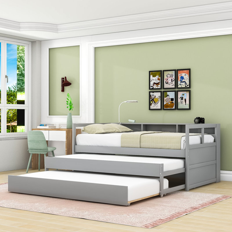 Twin XL Wooden Daybed with Dual Trundles, USB Charging Ports and Storage Compartments, Gray