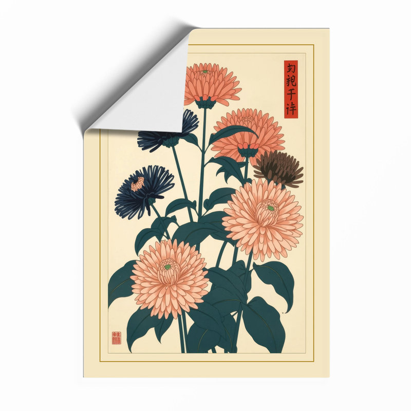 Dahlias and Foliage Japandi - Framed Print, A1 - 84.1 x 59.4 cm, Unframed