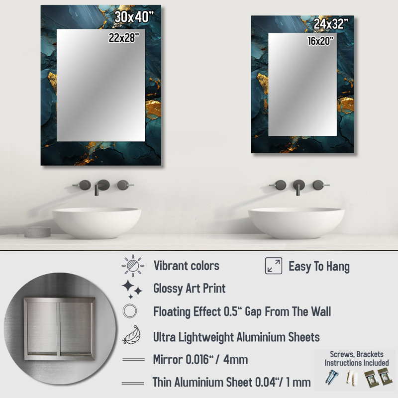 Gold and Green Abstract marble Aura VI - Marble Wall Mirror, Modern Decorative Mirror, Printed Metal Art, 40" x 30"