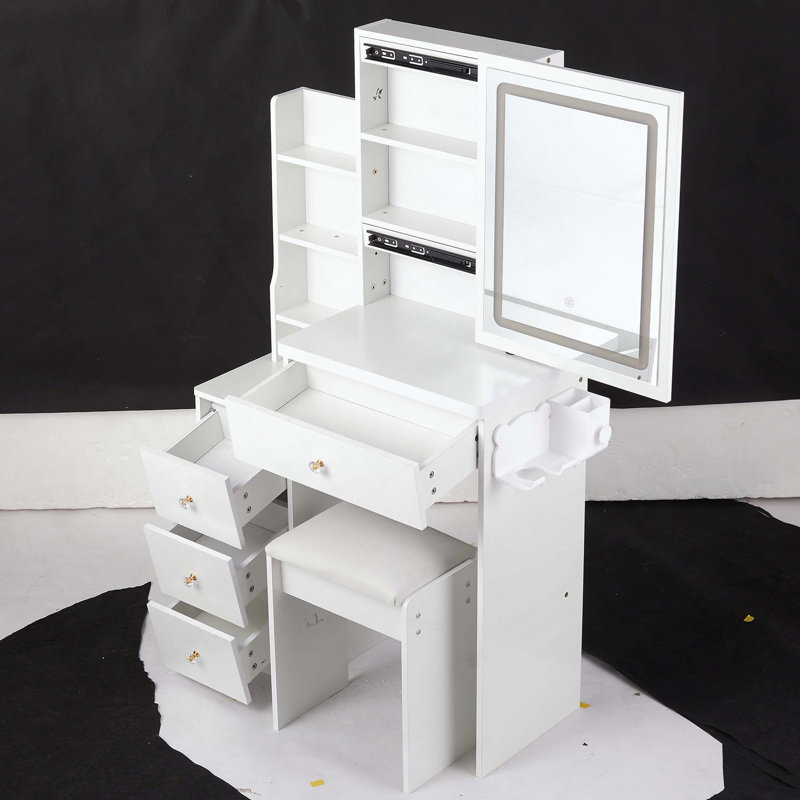 Petit meuble-lavabo 29,2 po avec miroir à DEL, centrale électrique, support pour sèche-cheveux et tabouret