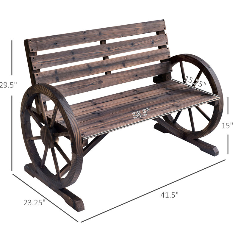 41" Wooden Wagon Wheel Porch Enjoyment Bench, Rustic Look, Weather-, 2 Seat, Fir Wood Construction Patio With Weather Resistance, Seat And , Solid Construction, Brown