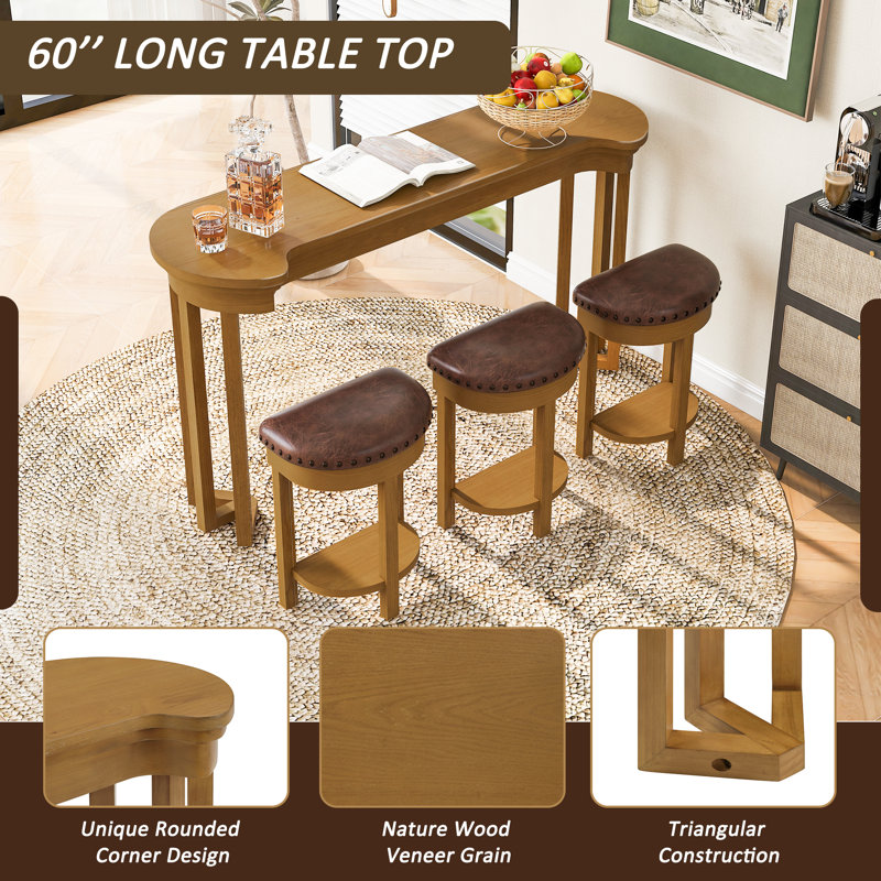 Ensemble de table de bar 4 pièces avec 3 tabourets de bar rembourrés en polyuréthane, table de petit-déjeuner avec 3 tabourets rembourrés Ensemble de table de salle à manger à hauteur de comptoir en bois massif pour le salon, la salle à manger. Naturel