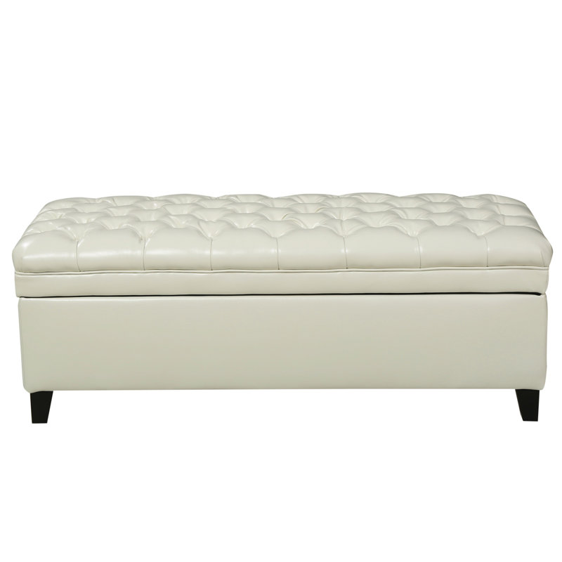 Rhya Storage Ottoman Bench, Ivory Faux Leather, Brown Wood, 50 Inch, Ivory