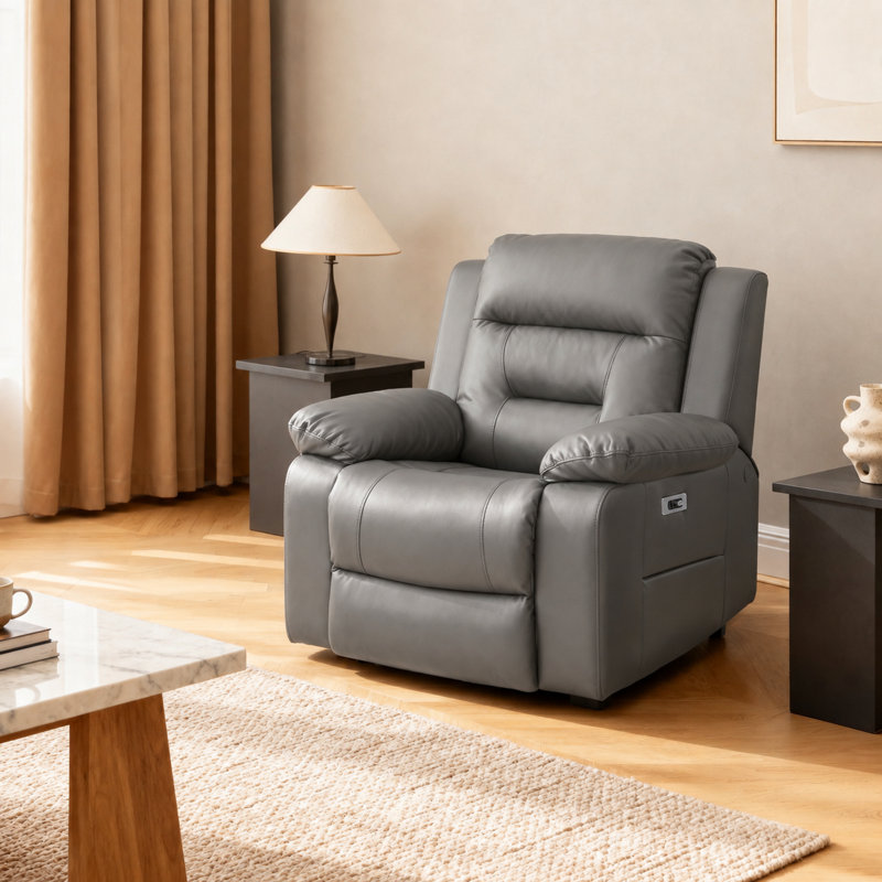 Fauteuil inclinable électrique 35 po en similicuir avec ports USB et USB-C, Grey