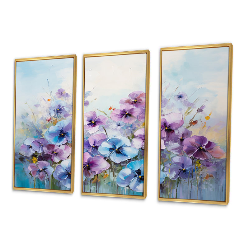 Pensées mauves Blooming Field I - Ensemble de décoration murale champ de fleurs, Cadre flottant doré
