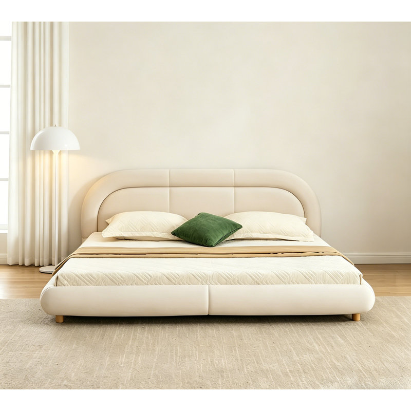 Structure de lit tapissier à profil bas très grand avec tête de lit arrondie (velours), Beige