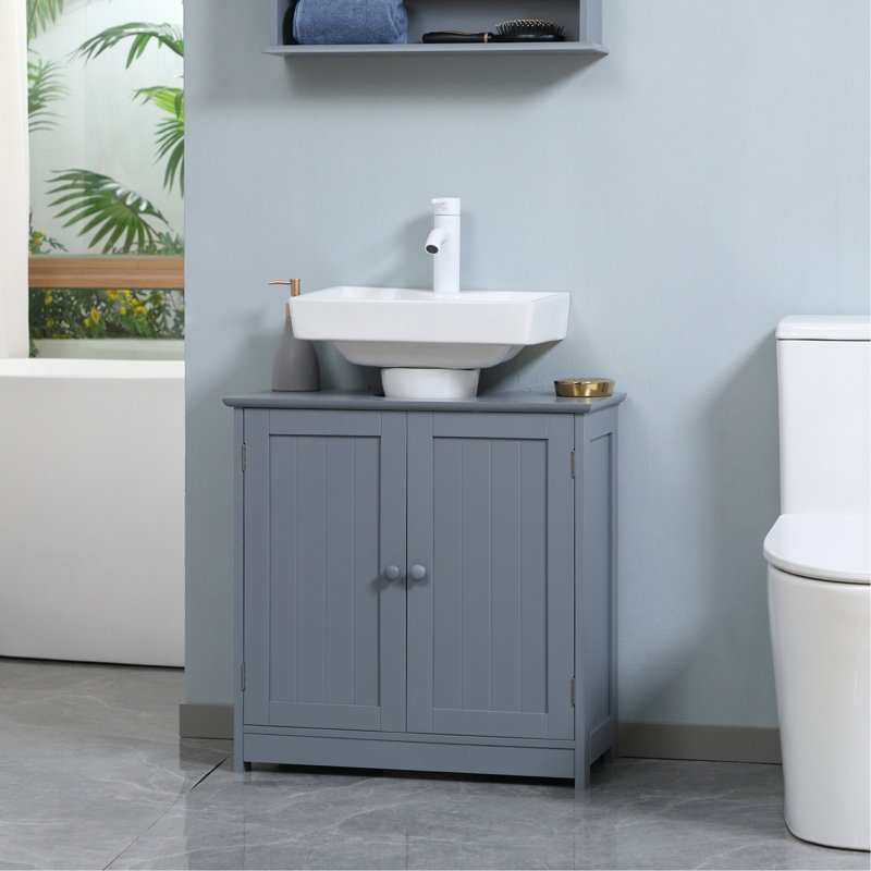 Armoire de salle de bain sous le lavabo avec 2 portes et tablette, meuble-lavabo à piédestal, gris