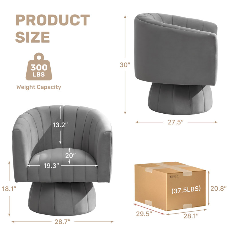 28''  Wide Velvet Modern Upholstered Swivel Barrel Chair, Gray Velvet