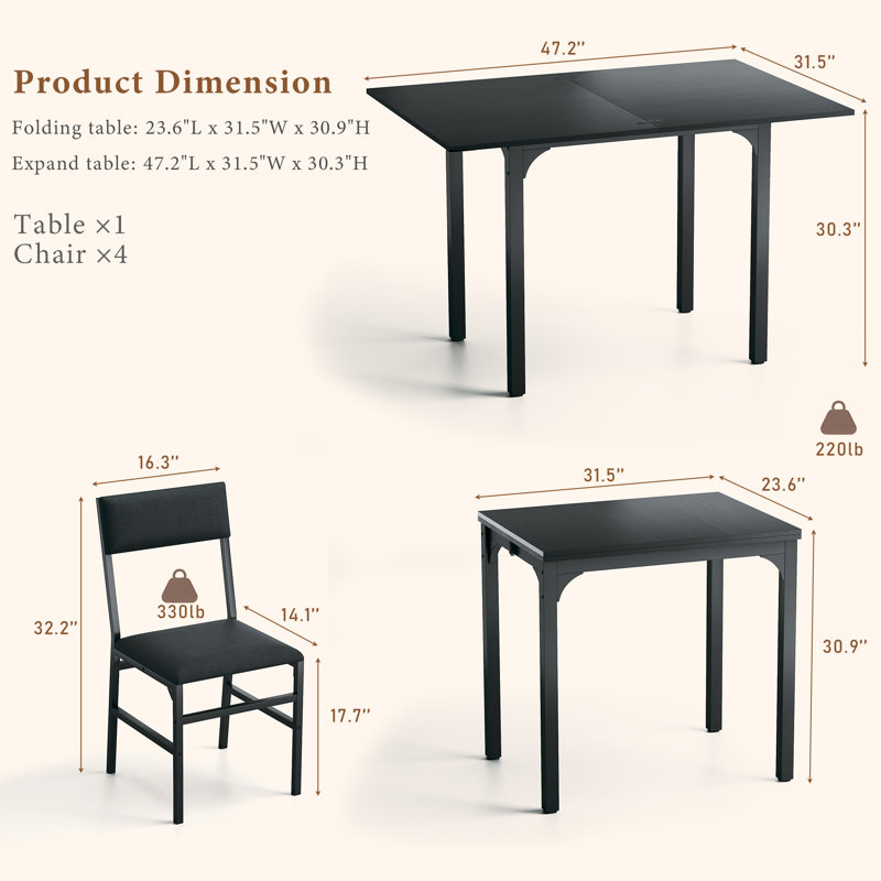 Foldable Dining Table Set Extendable Wood Top, Black, 30.3" H x 47.2" L x 31.5" W, 5 Pieces: Table, 4 Chairs