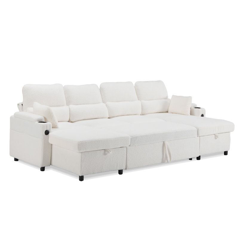 U-shaped Sectional Sofa Bed Pull Out Sleeper Couch With Storage Chaise For Living Room, Teddy White
