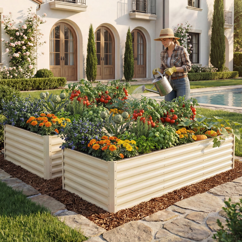Grand ensemble de jardin surélevé galvanisé 8 x 4 x 2 pi avec gants, crème, H 24 po x l 96 po x P 48 po, Crème