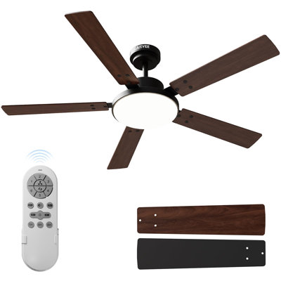Modern Ceiling Fan with Light & Remote - 6-Speed Reversible DC Motor, 3CCT Dimmable LED, Memory & Timer, Indoor/Outdoor - 52 in, Wood Grain Dark Brown/Black
