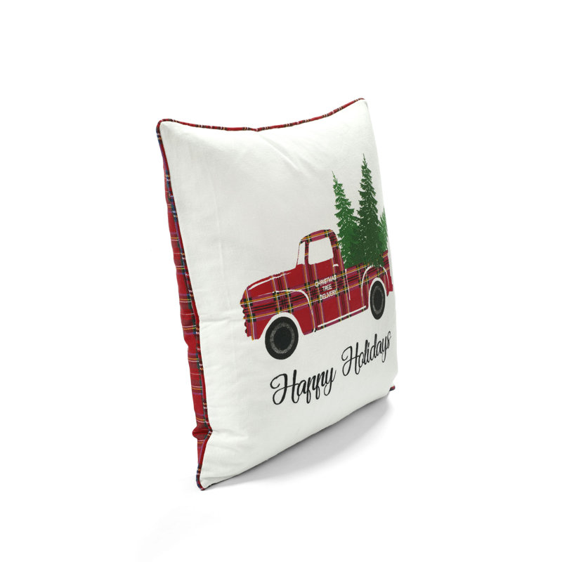 Red Holiday Truck Plaid Embroidered Cotton Blend Pillow Cover 20" x 20"