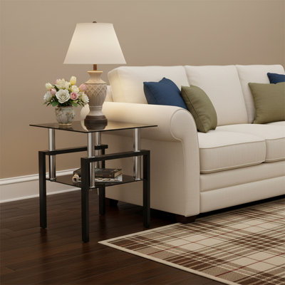 Two Tier Glass Side Table, Square Glass Top End Table with Storage