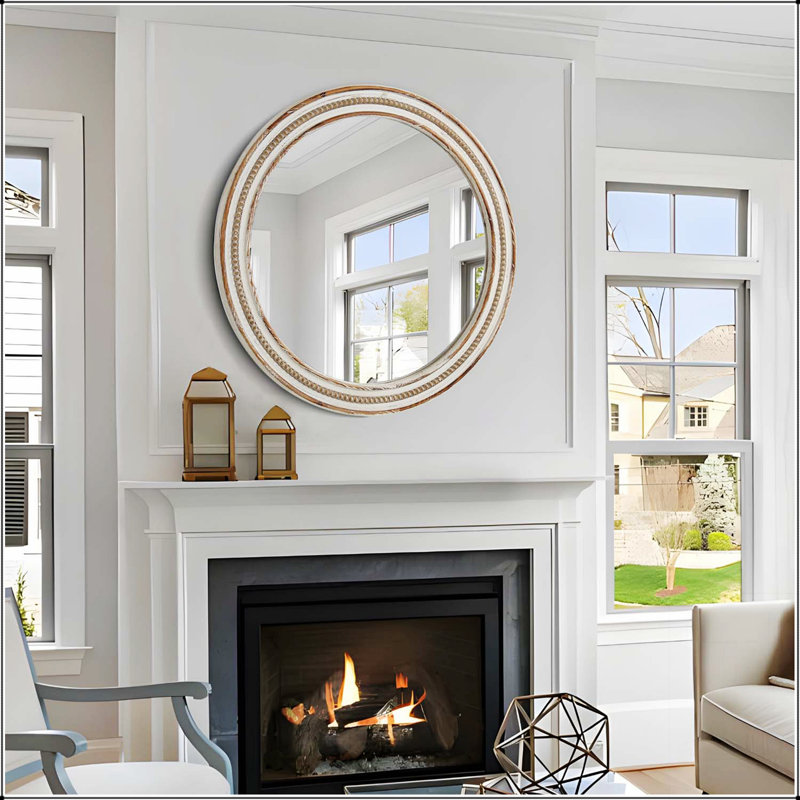 Miroir décoratif rond 23,62 pouces en bois rustique pour mur, parfait pour la maison et le bureau avec cadre perlé élégant