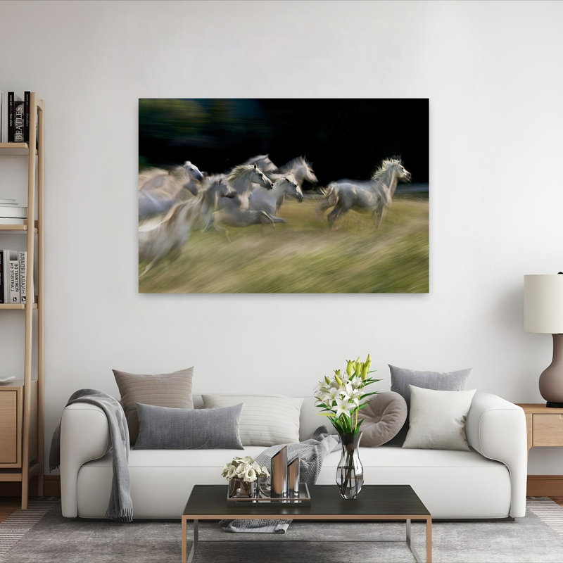 Art contemporain au galop, chevaux blancs énergiques, cheval, H 60 po x l 40 po