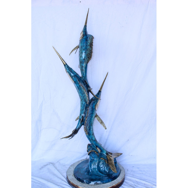 Statue en bronze de la collection Nifao, école de trois voiliers sautant de l'eau 28 po x 18 po x H 66 po