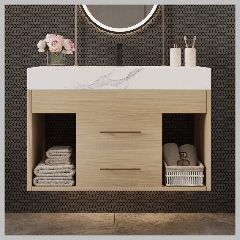 Ensemble de meuble-lavabo mural flottant 29,9 po, Bois, Blanc