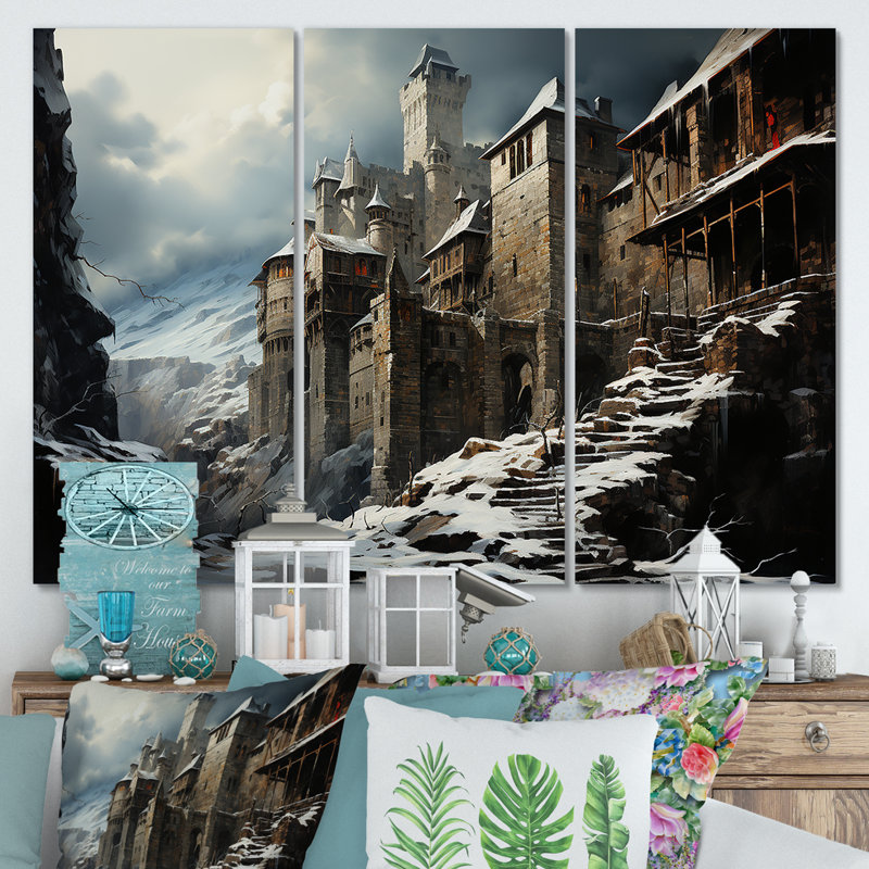 Art mural château médiéval en charme d'hiver IV - Châteaux, H 28 po x l 36 po, Toile tendue