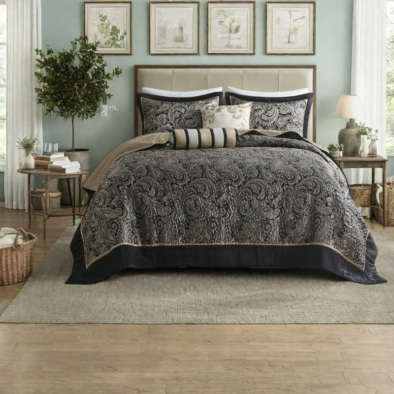 Ensemble de literie 5 pièces luxueux en coton jacquard noir de style classique pour très grand lit