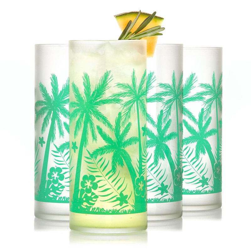 Vintage Green Palm Tree Print Frosted Glass Cooler Set