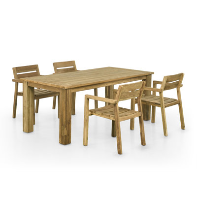 71" Bovey Reclaimed Teak Indoor Outdoor Dining Table Set With Four Teak Armchairs