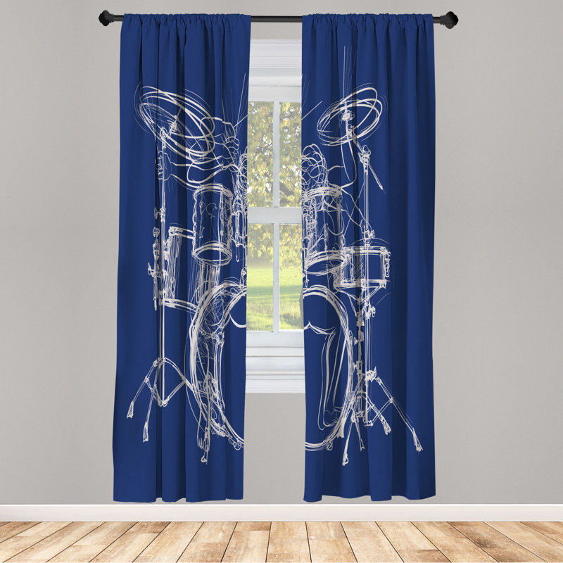 Microfiber Floral Semi-Sheer Rod Pocket Curtain Panels, 28" W x 63" L, Navy/Beige