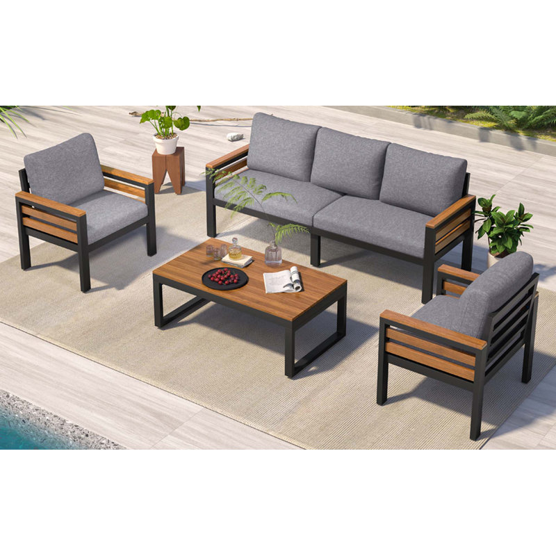 Ensemble de canapé d'extérieur 4 pièces pour 4 personnes avec coussin amovible et table basse en bois massif, Gris