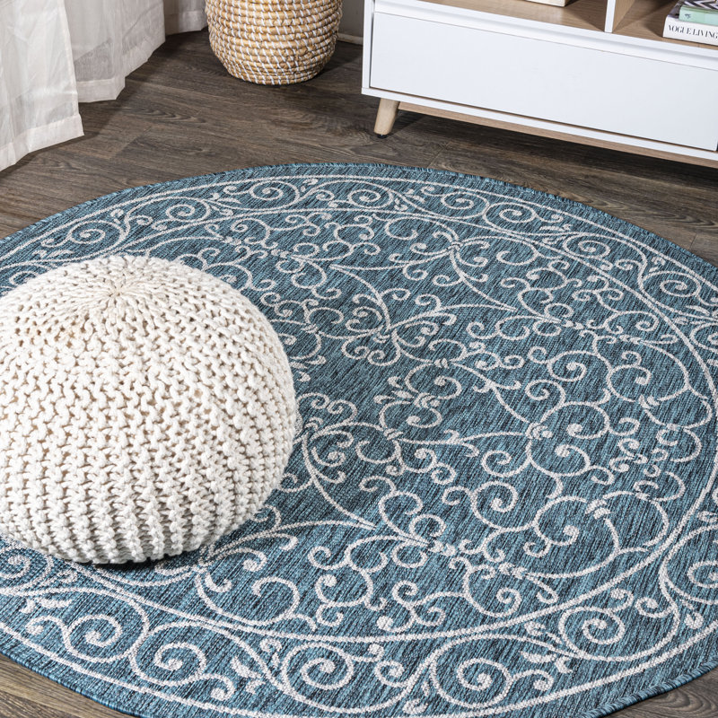 Hagerman Vintage Filigree Textured Weave Teal/Gray Indoor/Outdoor Rug, Round 9'