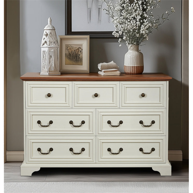 Commode 7 tiroirs Farmhouse, Brun antique / blanc