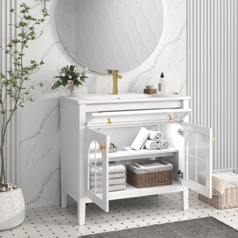 Meuble-lavabo de style médiéval 36 po avec lavabo et capteur de mouvement 36 po, White
