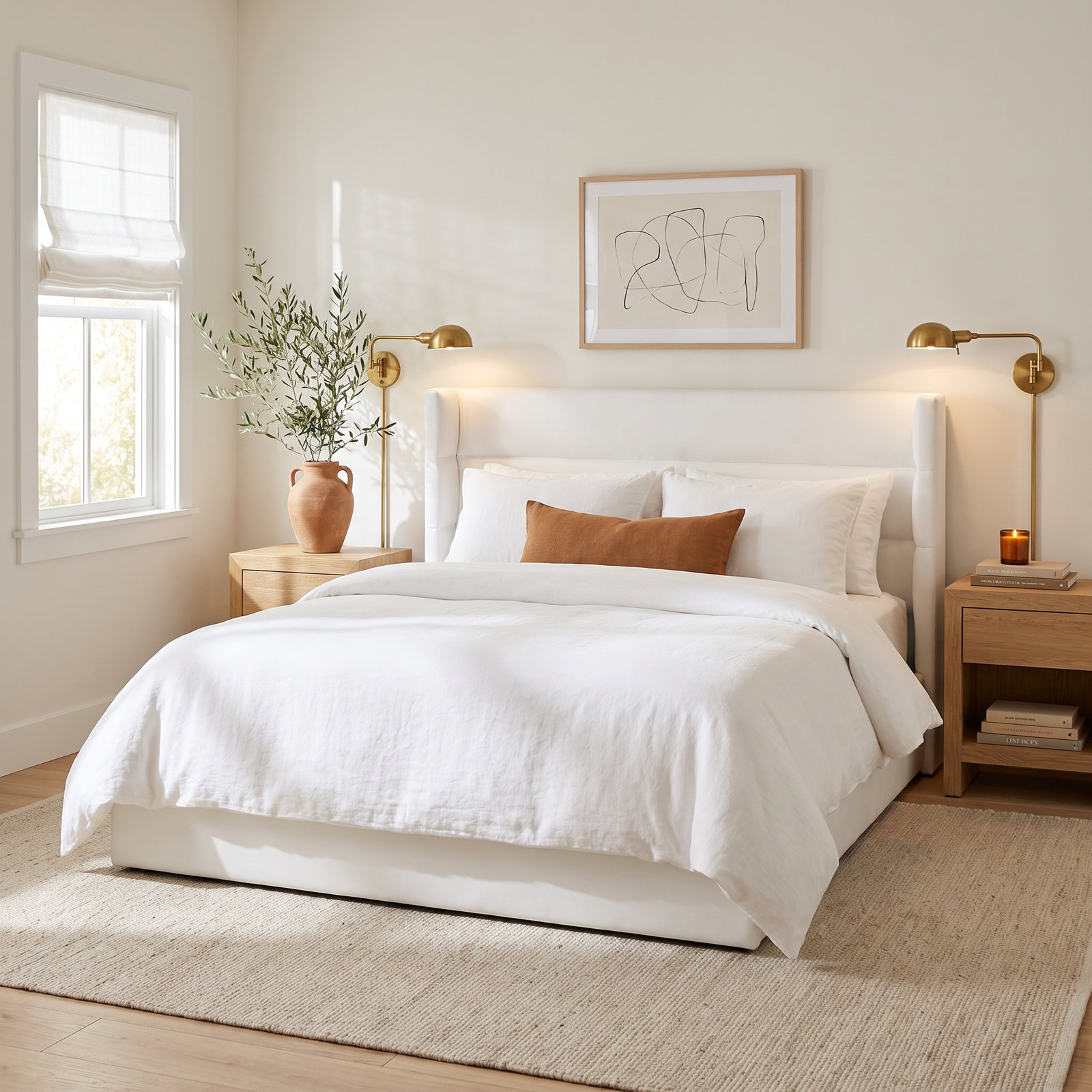 Doria Linen Upholstered Bed, White, Queen