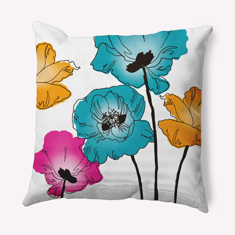 Coussin décoratif intérieur / extérieur Popping Poppies, Bleu, 16 po x 16 po