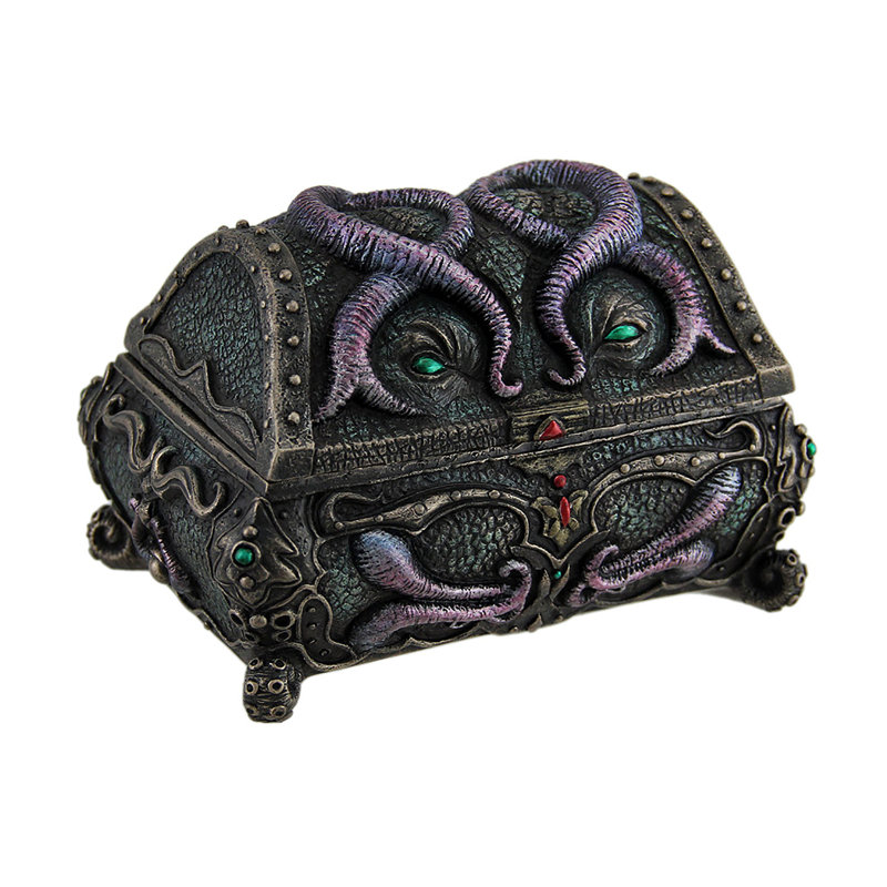Khouribga resin The Great Imitator octopus decorative trinket box in metallic antique bronze, purple and jewel green — 5.5 x 3.75 x 4 inches