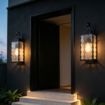 Lanterne murale d'extérieur noir mat, applique murale d'extérieur câblée, luminaire de véranda de ferme à douille E26, lampe d'extérieur en métal et verre transparent pour porte d'entrée, garage, patio