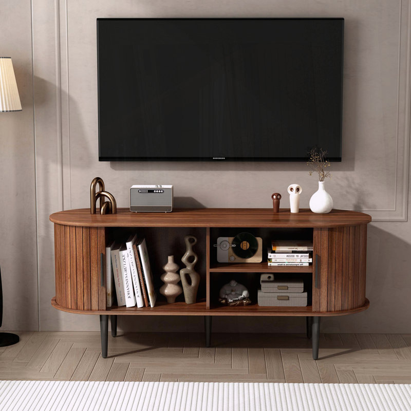 Modern TV Console with Sliding Door and Storage Compartment, 21.65"H x 47"L x 15.75"W, Walnut