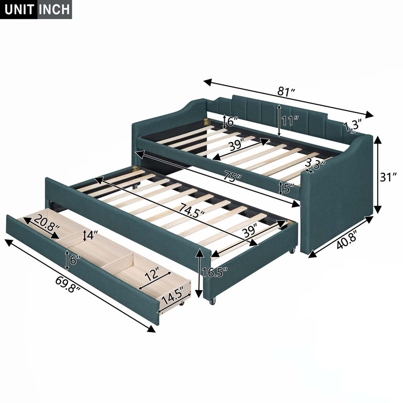 Wood Platform Bed With Trundle And 2 Drawers, Twin, Green