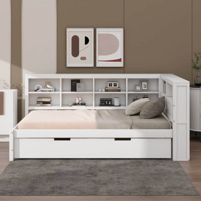 Wooden Daybed with Twin Size Trundle, Storage Shelf and USB Charging Ports by Cosmic