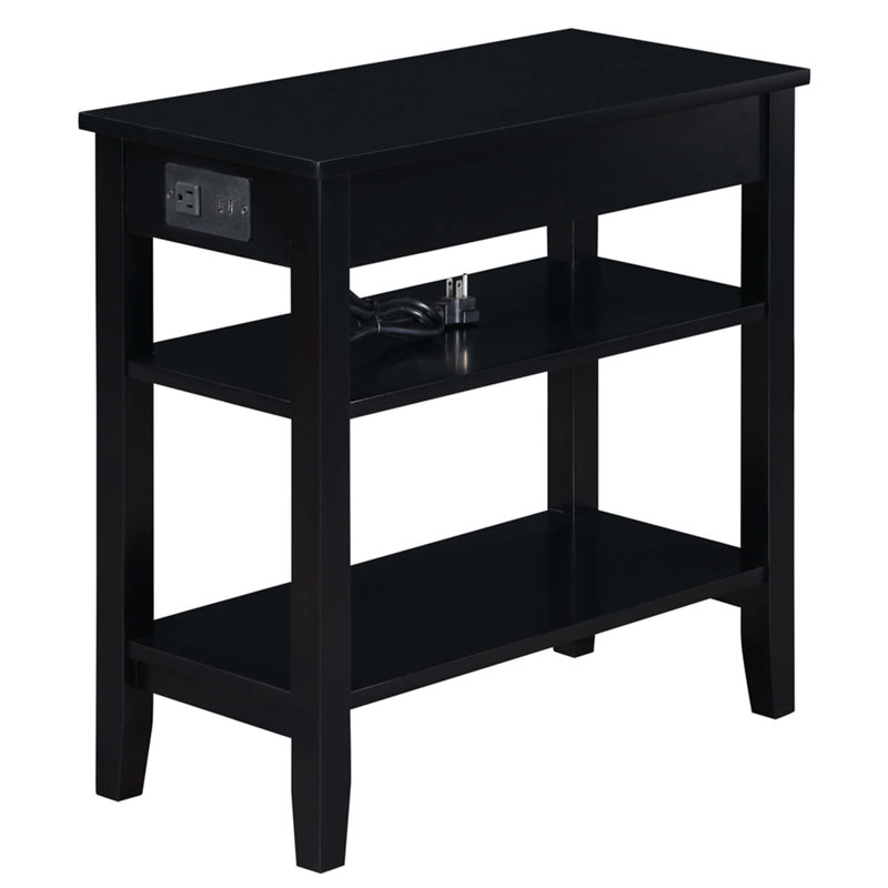 Senyah Solid Wood Top End Table with Storage and Built-In Outlets, Black