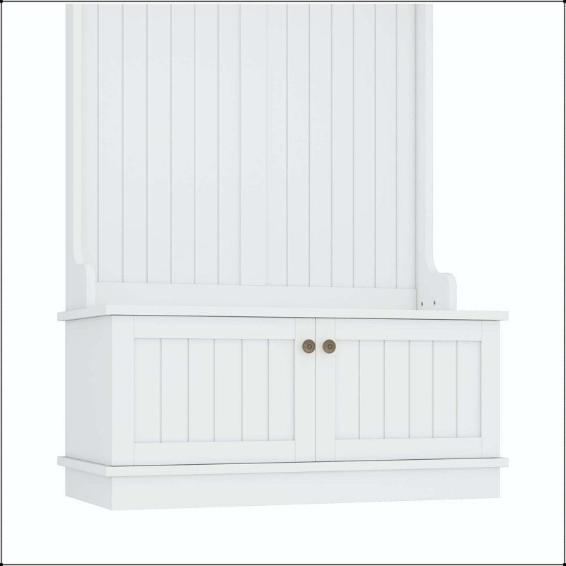 35.4" Hall Tree with Shoe Bench, Coat Rack & Storage Cabinet, White